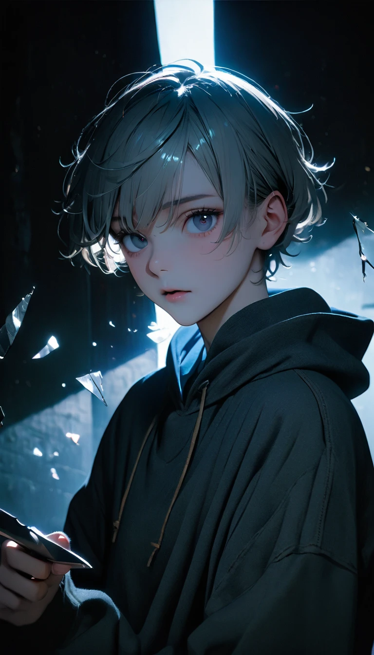 (8K, RAW photos, best quality, masterpiece: 1.4), (((The boy stands in absolute darkness))),Ultra-high resolution, Extremely detailed,Upper body close-up, handsome boy, black eyes, (delicate eyes, Eyes are bright:1.2), Gray short hair, Fair skin,dark, Grey sweatshirt, sweatshirt with hood,(perfect anatomy:1.2), High-quality shadows, Natural Lighting, (White highlights:1.2), night, cloudy day, (Broken glass flying:1.2), (Boning knife in hand:1.2)