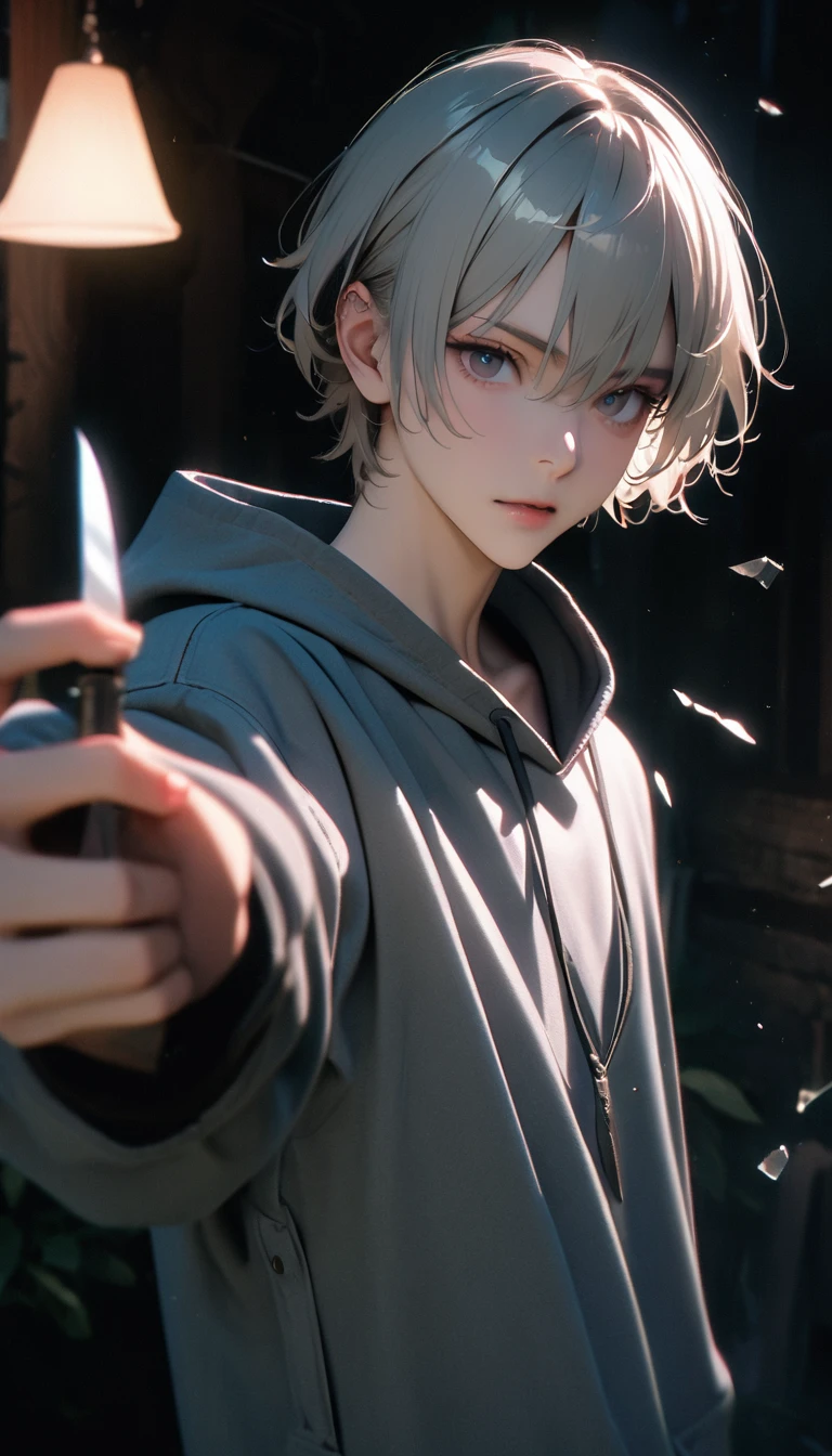 (8K, RAW photos, best quality, masterpiece: 1.4), (((The boy stands in absolute darkness))),Ultra-high resolution, Extremely detailed,Upper body close-up, handsome boy, black eyes, (delicate eyes, Eyes are bright:1.2), Gray short hair, Fair skin,dark, Grey sweatshirt, sweatshirt with hood,(perfect anatomy:1.2), High-quality shadows, Natural Lighting, (White highlights:1.2), night, cloudy day, (Broken glass flying:1.2), (Boning knife in hand:1.2)