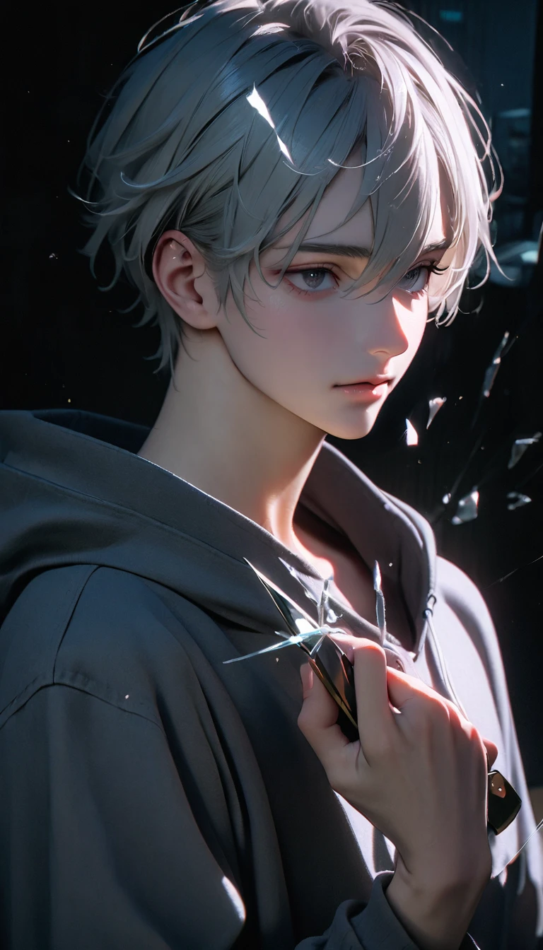 (8K, RAW photos, best quality, masterpiece: 1.4), (((The boy stands in absolute darkness))),Ultra-high resolution, Extremely detailed,Upper body close-up, handsome boy, black eyes, (delicate eyes, Eyes are bright:1.2), Gray short hair, Fair skin,dark, Grey sweatshirt, sweatshirt with hood,(perfect anatomy:1.2), High-quality shadows, Natural Lighting, (White highlights:1.2), night, cloudy day, (Broken glass flying:1.2), (Boning knife in hand:1.2)