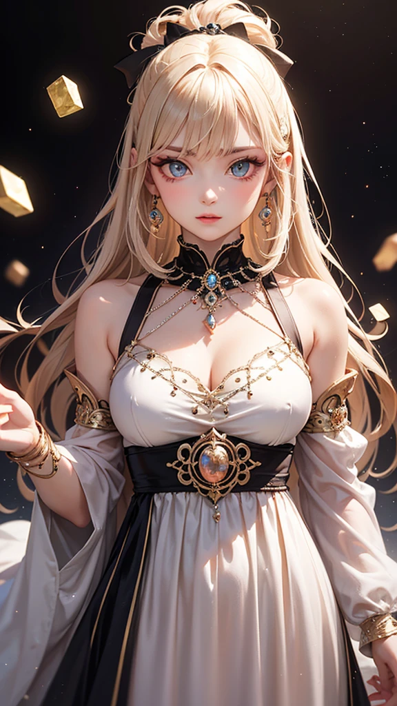 One girl, Long Hair, Light Hair Color, Captivating eyes, Mysterious look, Mature Appearance, Attractive dress, loose fitting dress, Elegant Jewelry, Elaborate decoration, Magic symbols, Glowing Accessories, Portion, Scroll, Cute accent,ribbon, Magic Effects, Crystal Jade, Particles of light, Rubik&#39;s Square,