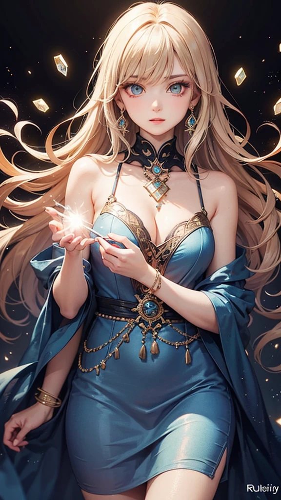 One girl, Long Hair, Light Hair Color, Captivating eyes, Mysterious look, Mature Appearance, Attractive dress, loose fitting dress, Elegant Jewelry, Elaborate decoration, Magic symbols, Glowing Accessories, Portion, Scroll, Cute accent,ribbon, Magic Effects, Crystal Jade, Particles of light, Rubik's Square,