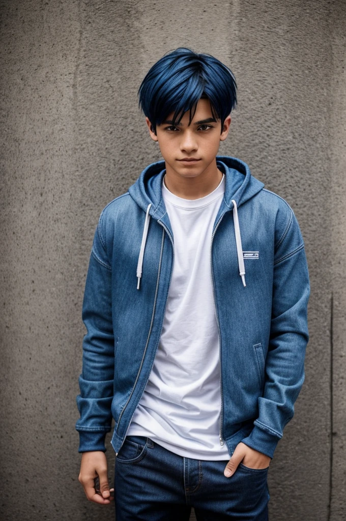 A teenage boy that has dark blue hair with a bright blue fringe sweeping over his left eye, his eyes are pare silver. He wears an unzipped blue hoodie with his sleeves pulled up and a white shirt underneath it. He also wears grey pants with white sneakers. His sneakers have blue laces as well as blue stripes on their sides. On his left wrist is a black wristband.