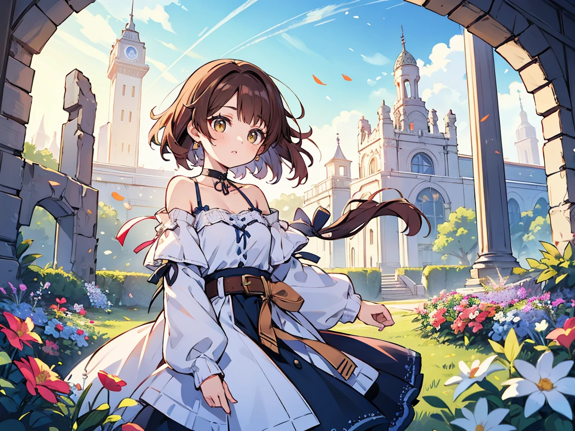 shoko sashinami, valvrave, 1 girl, brown hair, green eyes, fantasy world, ruins, folk, beautiful sky, shining sky, sunshine, flower garden, smiling, belt, ribbon choker, black choker, ribbon, wind blowing dress, lace dress, blue camisole, white sweater, half-sleeves, off-shoulder sleeves