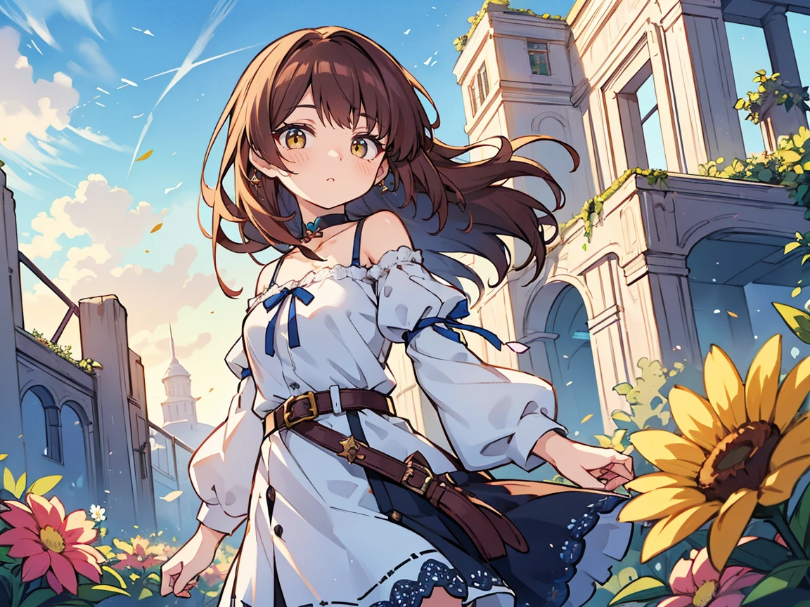 shoko sashinami, valvrave, 1 girl, brown hair, green eyes, fantasy world, ruins, folk, beautiful sky, shining sky, sunshine, flower garden, smiling, belt, ribbon choker, black choker, ribbon, wind blowing dress, lace dress, blue camisole, white sweater, half-sleeves, off-shoulder sleeves