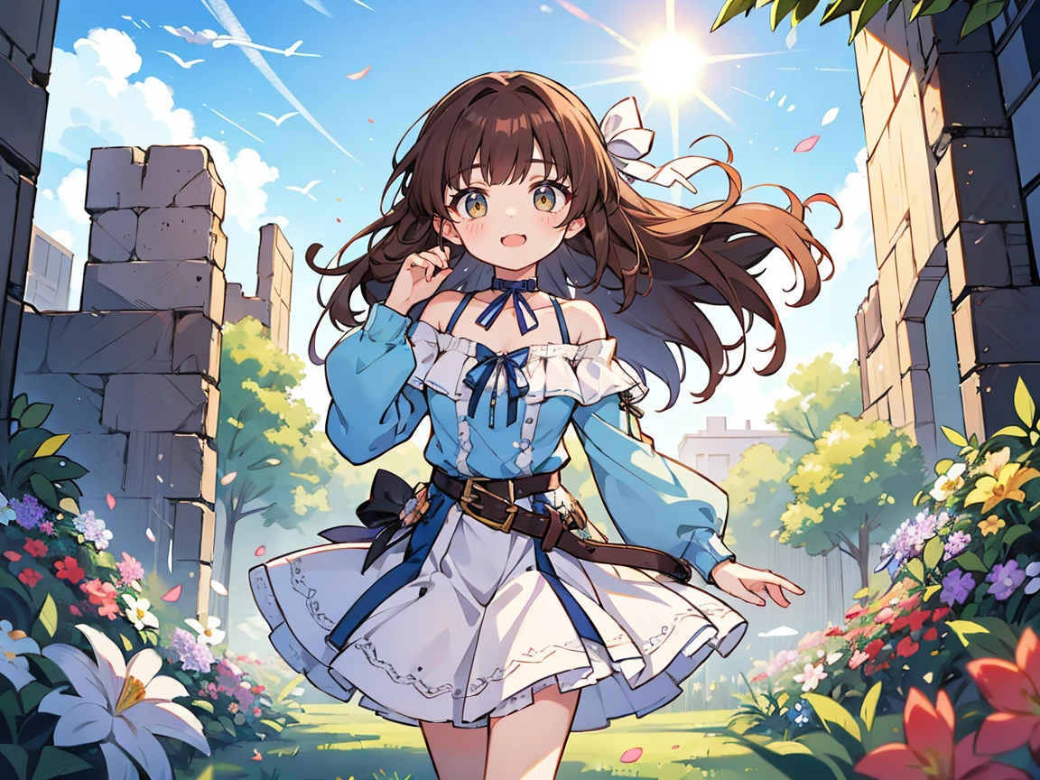 shoko sashinami, valvrave, 1 girl, brown hair, green eyes, fantasy world, ruins, folk, beautiful sky, shining sky, sunshine, flower garden, smiling, belt, ribbon choker, black choker, ribbon, wind blowing dress, lace dress, blue camisole, white sweater, half-sleeves, off-shoulder sleeves