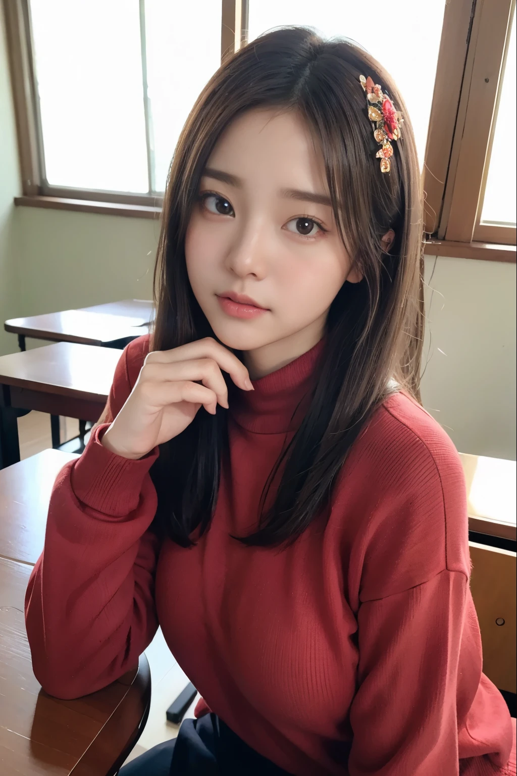 randome pose、top-quality、超A high resolution、(Photorealsitic:1.5)、1人、Red sweater、(Brown hair:1.2)、(huge-breasted:1.2)、Classroom、looking at viewert、a closeup、full body Esbian、Nasty eyes