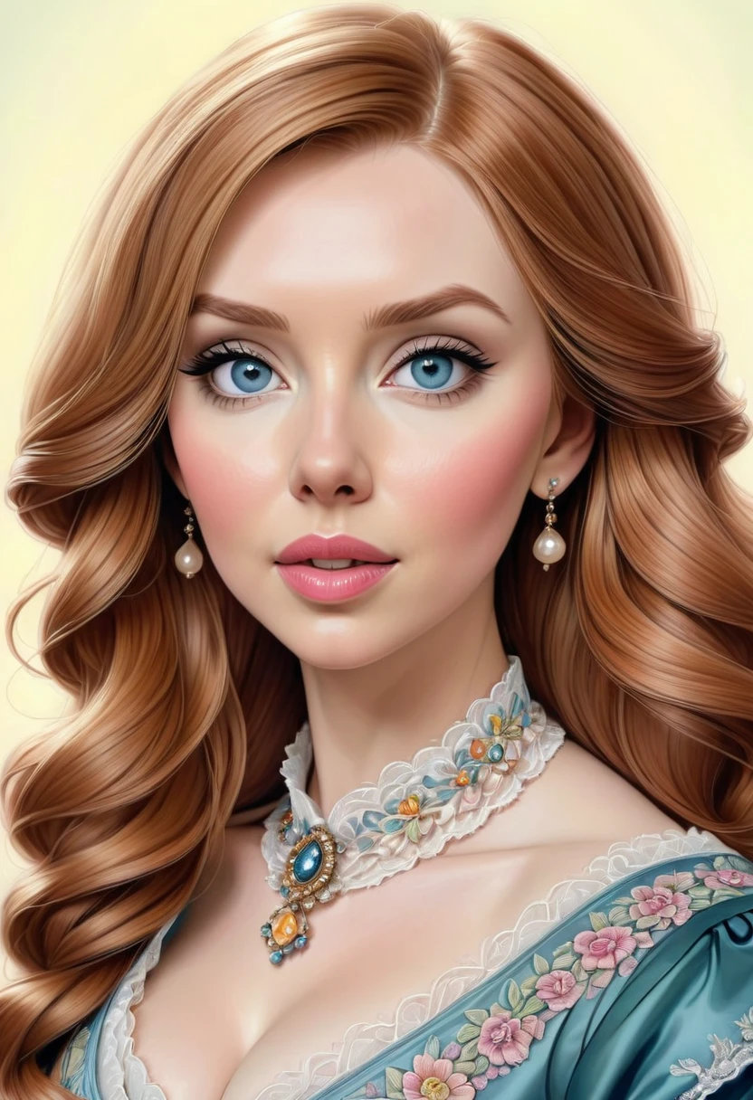 A colored pencil sketch of a beautiful victorian women who is a mash up of Molly Quinn, Scarlett Johanson and Alison Brie.