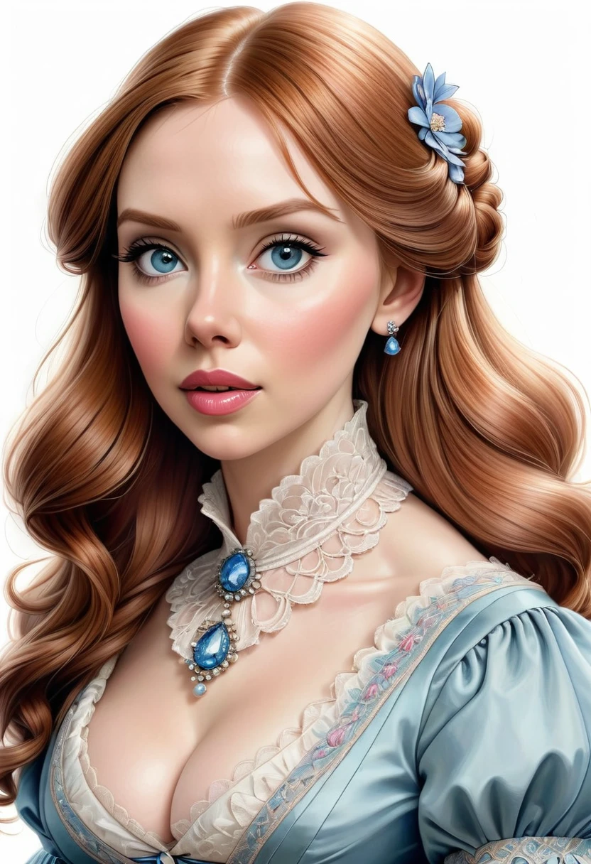 A colored pencil sketch of a beautiful victorian women who is a mash up of Molly Quinn, Scarlett Johanson and Alison Brie.