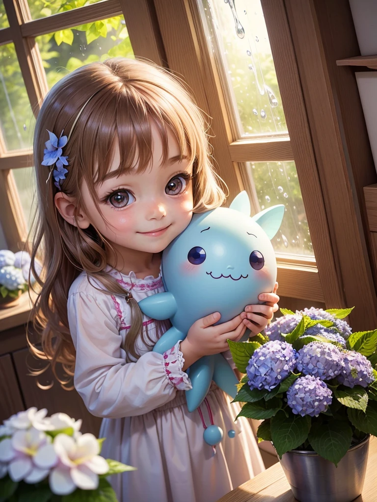 Best picture quality, fairy tale world, cute 5 year osmiling happily, amazingly big shining eyes, long eyelashes, chestnut hair, , friendly and bright smile, teru teru bozu hanging by the window, looking out the window, hydrangea blooming outside the window in the pouring rain,,