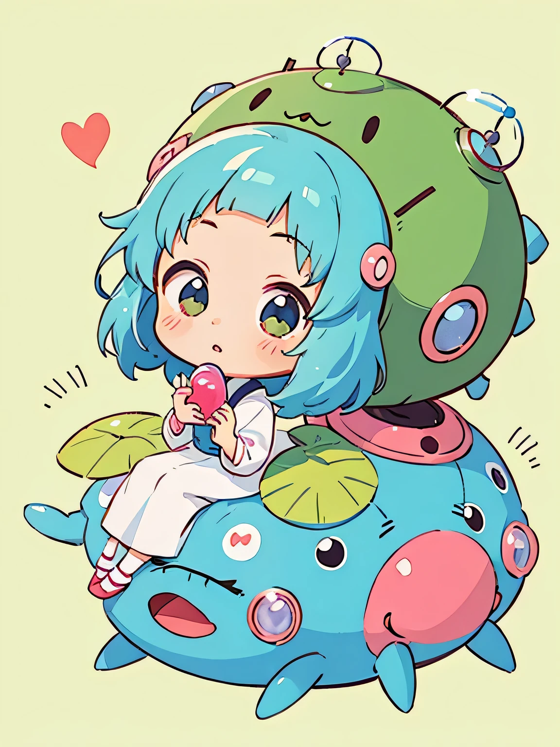 Hayao Miyazaki style、Kawaii Design, The most beautiful girl of all time、chibi,, Cute and colorful pillbug, The era of the heart