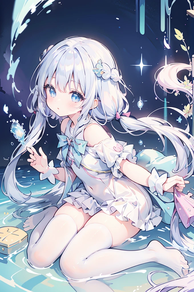 mermaidモチーフのMagical girl、Highest quality、Loriータ、Confused eyes、Primary school students、small、、Young Girl、Water Manipulation Magic、水を司るMagical girl、beautiful girl、cute、Full-body portrait、light blue、Have a koto、Playing the lyre、Clear eyes、pose、Magic Exerciseermaid、Magical girl、front、Deathblow、真front