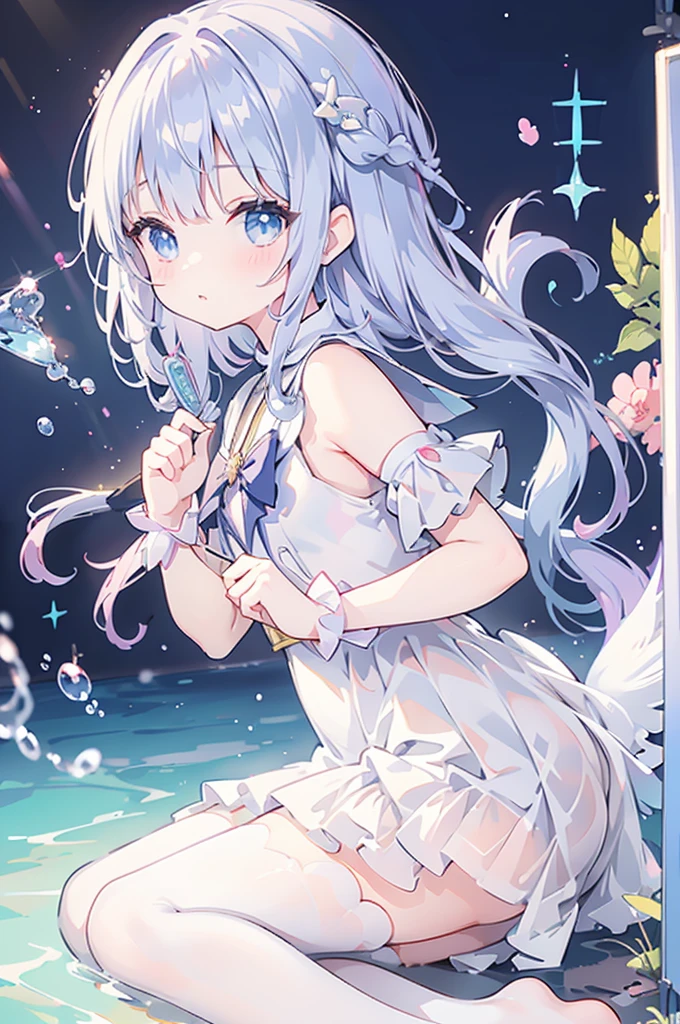 mermaidモチーフのMagical girl、Highest quality、Loriータ、Confused eyes、Primary school students、small、、Young Girl、Water Manipulation Magic、水を司るMagical girl、beautiful girl、cute、Full-body portrait、light blue、Have a koto、Playing the lyre、Clear eyes、pose、Magic Exerciseermaid、Magical girl、front、Deathblow、真front