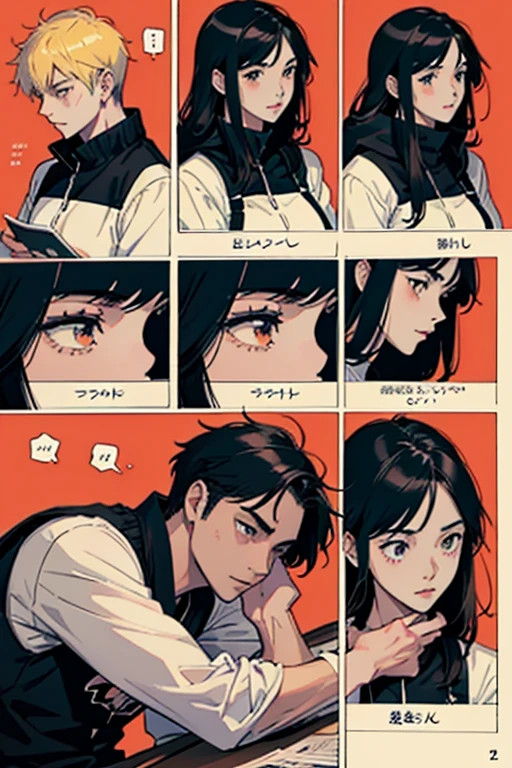Comic Storyboard:1.8, comic ?????, Comic Layout, My favorite manga storyboard, story of a loving couple, anime emoji theme pack, Hyper Hi-Vision, Japanese anime manga style, red background dark sky, 24K UHD.