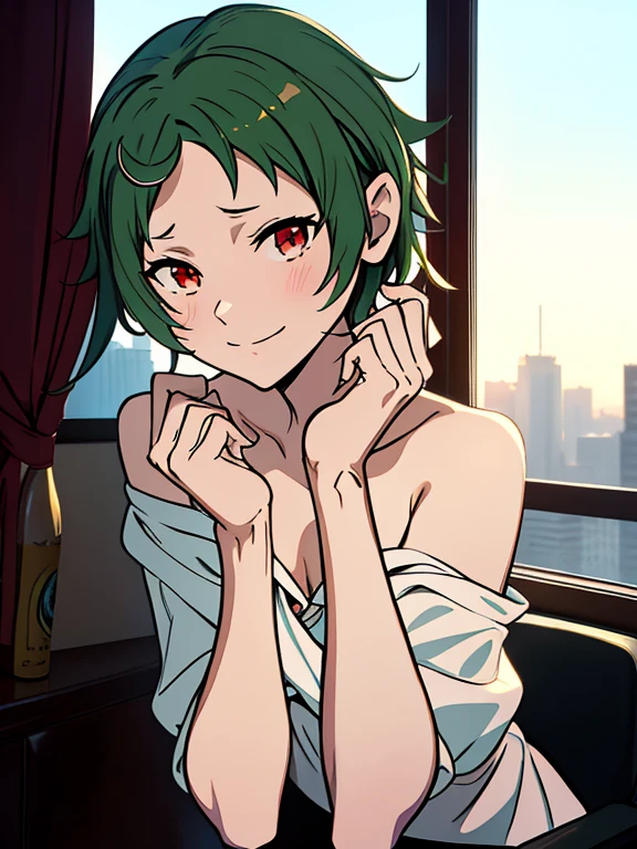 score_9, score_8_up, score_7_up, source_anime, Sylphiette,, solo, 1girl, red eyes, green hair, short hair, blush, smile, off shoulder, collarbone, small breasts,, young, Young female, Beautiful Finger, Beautiful long legs,, uncensored, amazing anime illustration, masterpiece, absurdrez, best quality, ultra detailed, intricately detailed, character focus, highly detailed, high quality,BREAK amazing photograph, photorealistic, photography, realism, hyper_realism,, character focus, BREAK,,