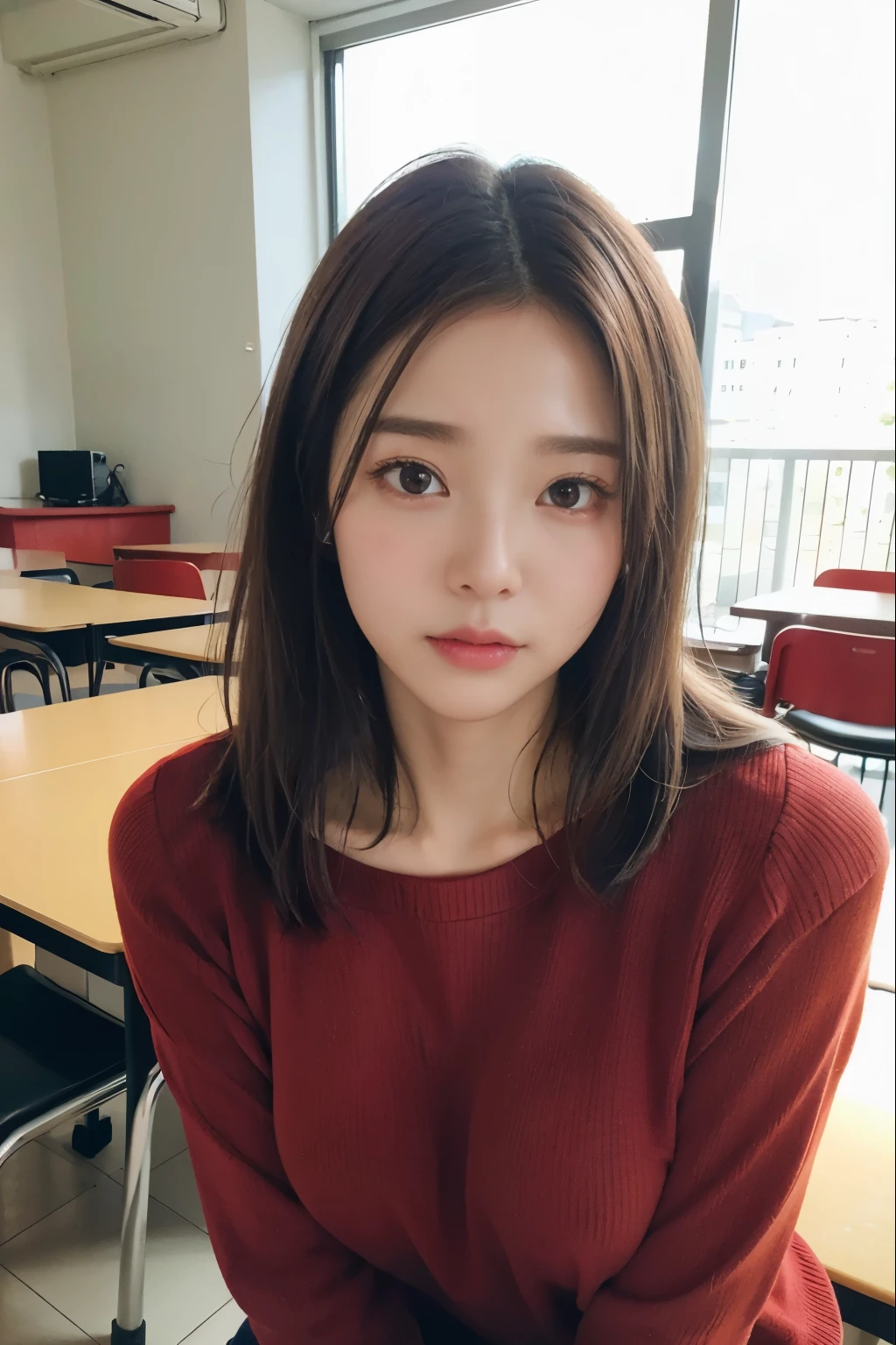 randome pose、top-quality、超A high resolution、(Photorealsitic:1.5)、1人、Red sweater、(Brown hair:1.2)、(huge-breasted:1.2)、Classroom、looking at viewert、a closeup、full body Esbian、Nasty eyes