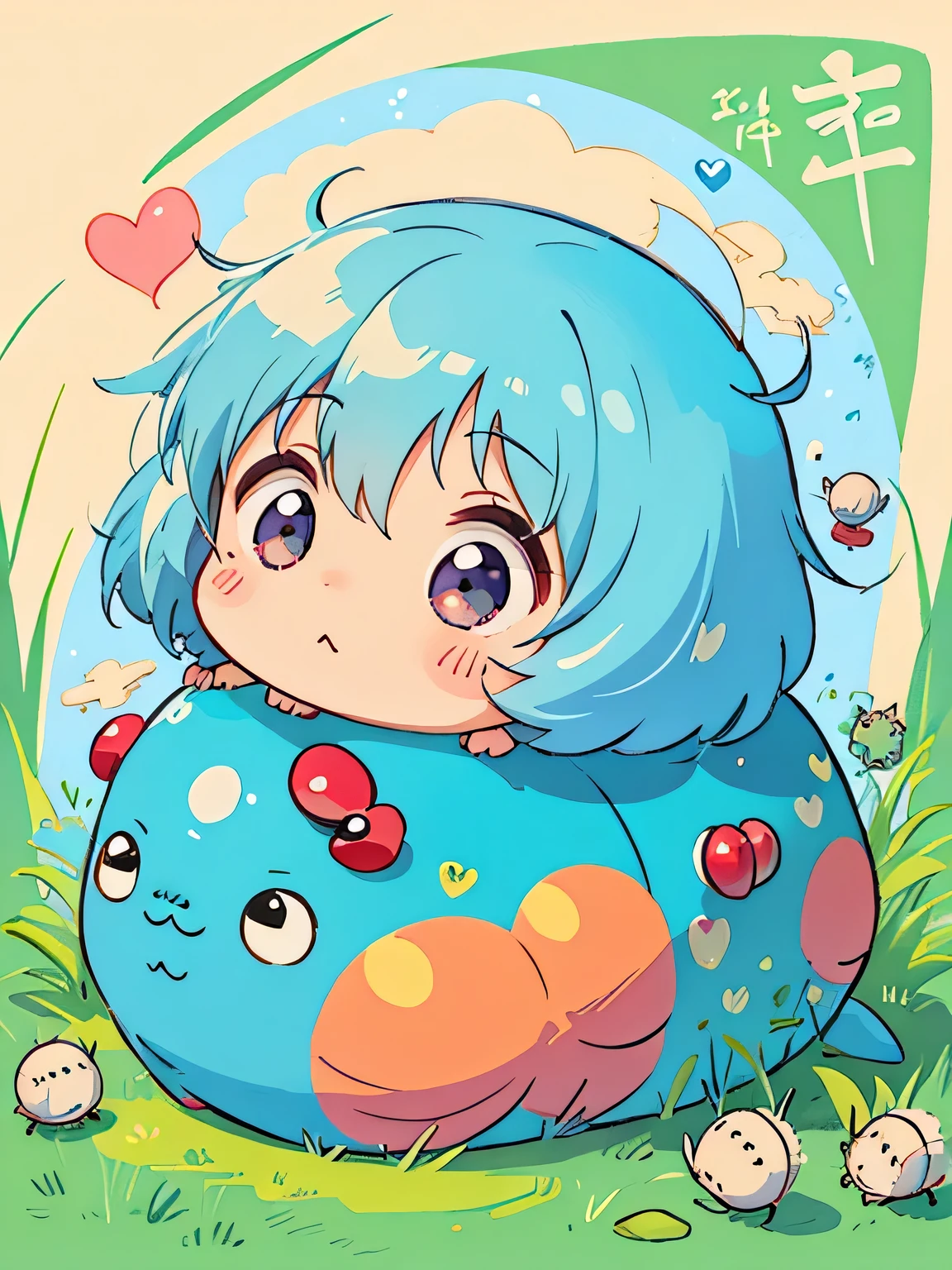 Hayao Miyazaki style、Kawaii Design, The most beautiful girl of all time、chibi,, Cute and colorful pillbug, The era of the heart
