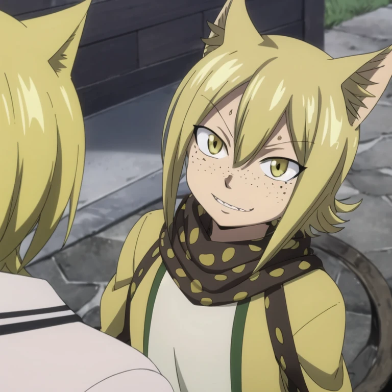 masterpiece, best quality, sketch, {(male focus, looking at viewer, , depth of field, jackal_fairy_tail, blonde hair, yellow eyes)}, (1girl), sharp focus, 9 years old, (very young:1), looking at viewer, depth of field, (Fairy Tail style:1.25), brown, curly dark brown hair, medium hair, yellow eyes, mix skin_tone, light tanned colored skin, dark freckles, (cat ears), (soft nervous smile), pink composition shirt, dark magenta bomber jacket, outside background, science fiction social science fiction