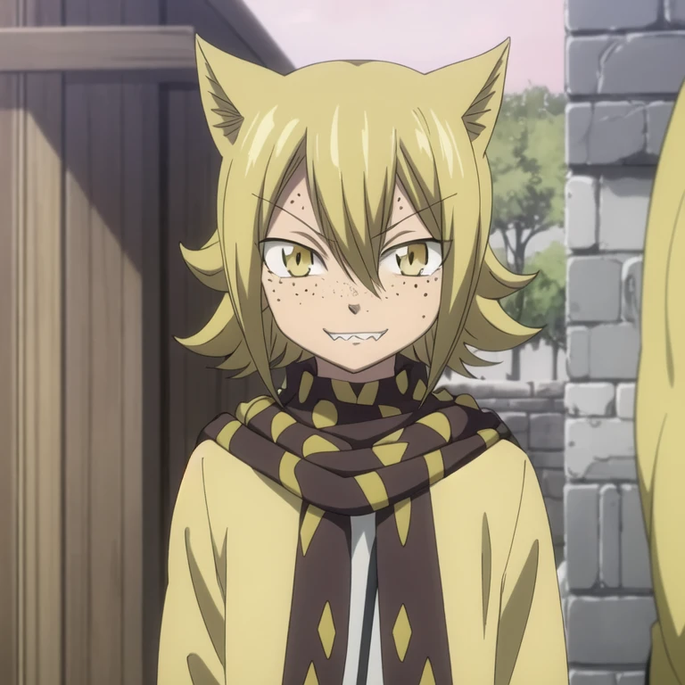 masterpiece, best quality, sketch, {(male focus, looking at viewer, , depth of field, jackal_fairy_tail, blonde hair, yellow eyes)}, (1girl), sharp focus, 9 years old, (very young:1), looking at viewer, depth of field, (Fairy Tail style:1.25), brown, curly dark brown hair, medium hair, yellow eyes, mix skin_tone, light tanned colored skin, dark freckles, (cat ears), (soft nervous smile), pink composition shirt, dark magenta bomber jacket, outside background, science fiction social science fiction