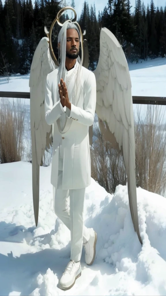 Full body black man, with straight white hair and a beard, with a white set of clothes and with white wings