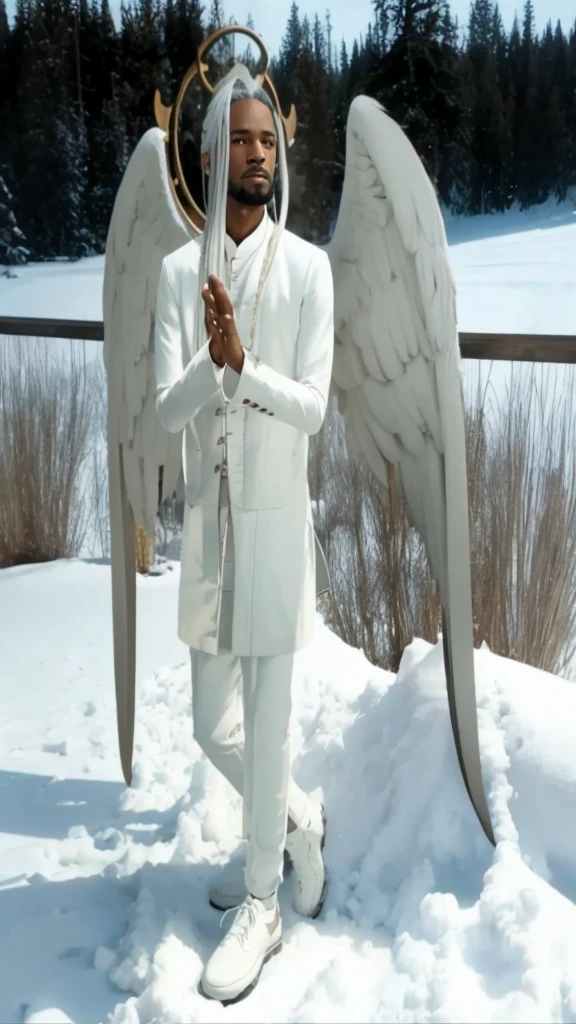 Full body black man, with straight white hair and a beard, with a white set of clothes and with white wings