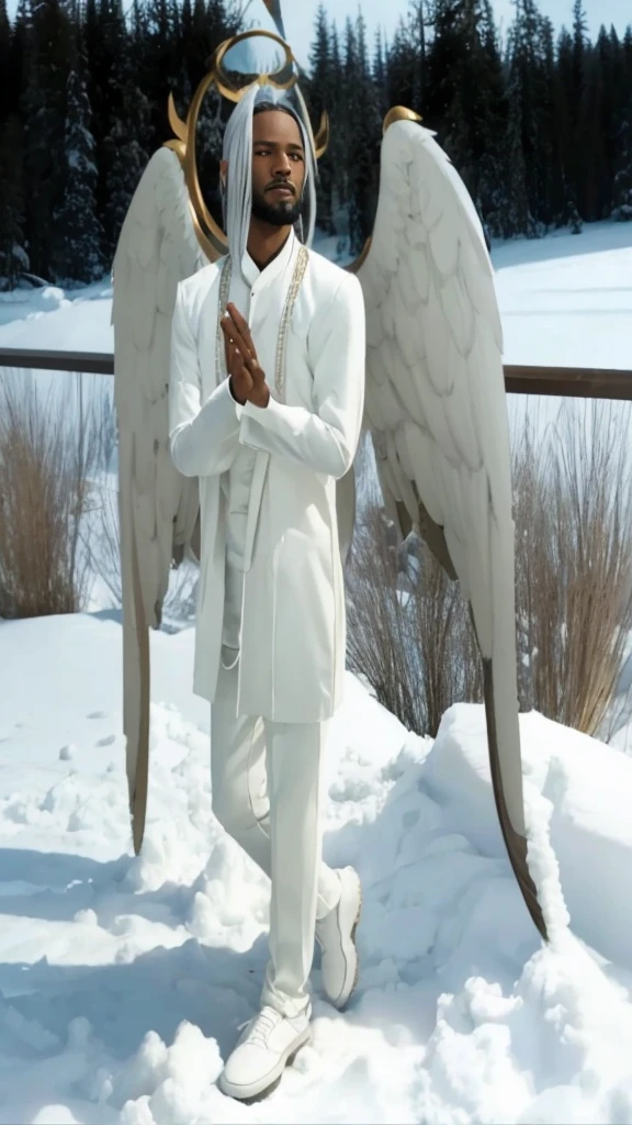 Full body black man, with straight white hair and a beard, with a white set of clothes and with white wings