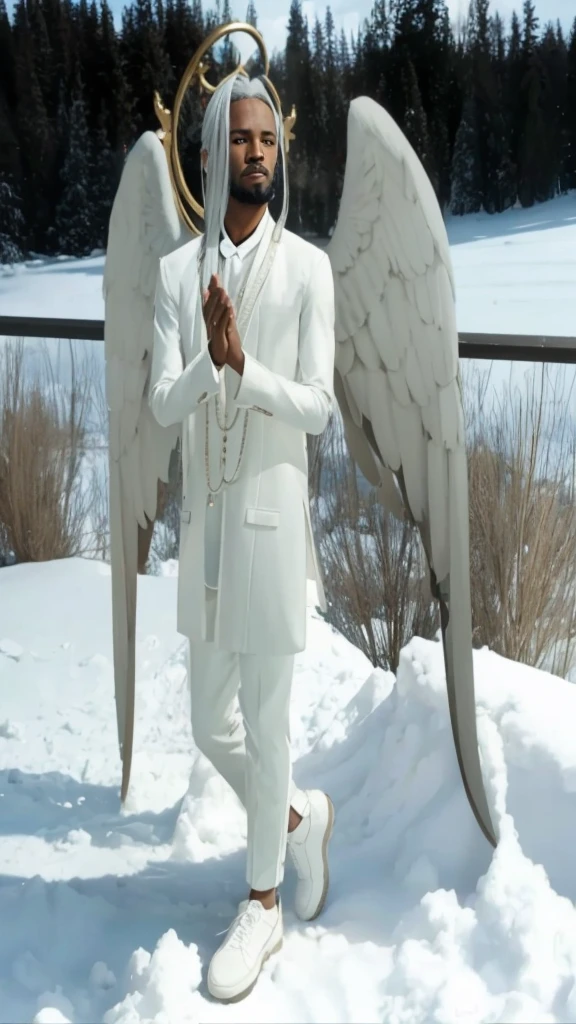 Full body black man, with straight white hair and a beard, with a white set of clothes and with white wings