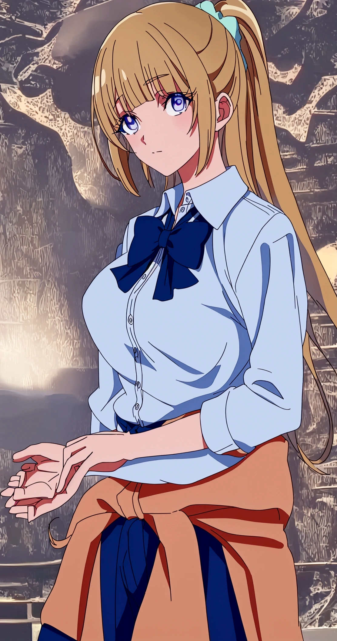 keikaruizawa, kei karuizawa, long hair, bangs, blunt bangs, (purple eyes:1.1), blonde hair, shirt, hair ornament, ponytail, scrunchie, blue scrunchie,
BREAK skirt, shirt, bow, , pleated skirt, bowtie, sweater, (blue bow:1.2), white shirt, (clothes around waist:1.2),
BREAK indoors, classroom,
BREAK looking at viewer, BREAK (masterpiece:1.2), best quality, high resolution, unity 8k wallpaper, (illustration:0.8), (beautiful detailed eyes:1.6), extremely detailed face, perfect lighting, extremely detailed CG, (perfect hands, perfect anatomy),
