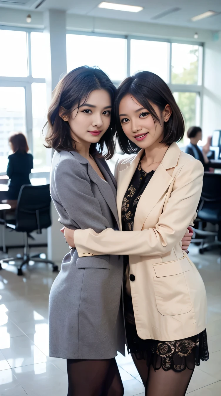 Delicate makeup,Two women standing with their arms around each other、Cool Beauty, Accurately express the fine details of the face and skin texture,(The most beautiful face and eyes), Delicate skin,Looking into the camera、Short Haircut、smile、Jacket、shirt、((Are standing:1.3))、(Light pantyhose:1.2), (pumps)、(Business services)、 indoor, ,The background is the building's entrance