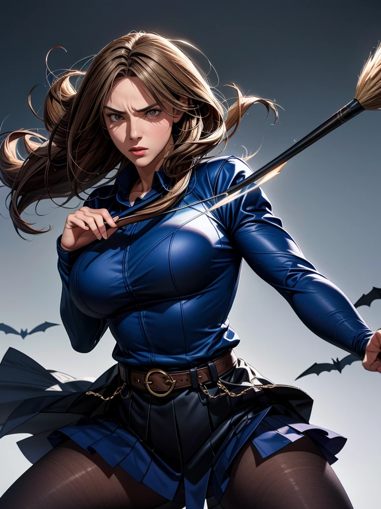 a woman swinging a broomstick like a baseball bat, the broomstick flying forcefully in front of her, powerful bat swing, her clothes fluttering in sync with her body rotation, dramatic action scene, dynamic character pose, beautiful intricate details, highly detailed, cinematic lighting, realistic digital art, fantasy art, dark magic, moody color palette, dramatic shadows and highlights