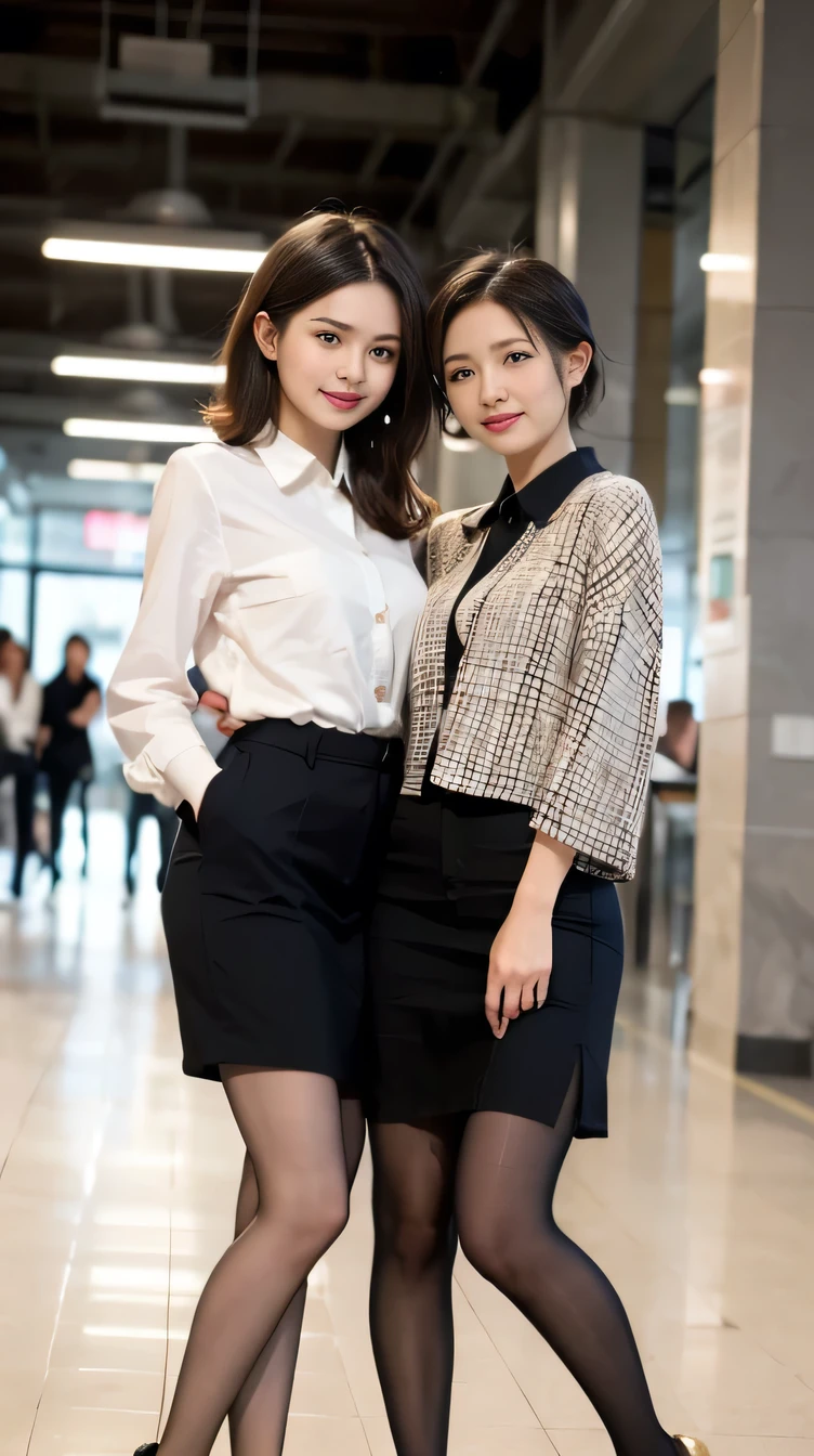 Delicate makeup，Two women standing with their arms around each other、Cool Beauty,　Accurately express the fine details of the face and skin texture,(The most beautiful face and eyes), Delicate skin,Looking into the camera、Short Haircut、smile、Jacket、shirt、((Are standing:1.3))、(Light pantyhose:1.2), (pumps)、(Business services)、 indoor, ,The background is the building&#39;s entrance


