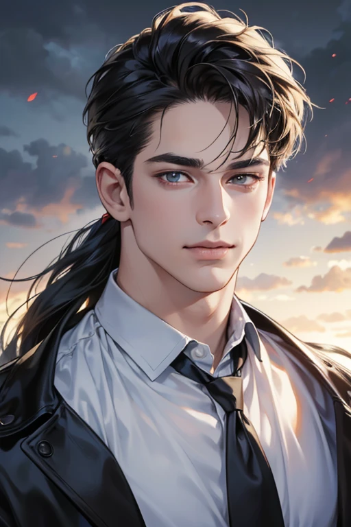 (best quality,4k,8k,highres,masterpiece:1.2),ultra-detailed,(realistic,photorealistic,photo-realistic:1.37),30 year old man,3 day beard,handsome anime,portraits,strong,masculine,dark hair,sharp jawline,mesmerizing eyes,perfectly styled hair,cool anime outfit,confident expression,vibrant colors,dynamic lighting, CEO and expression smile in love.