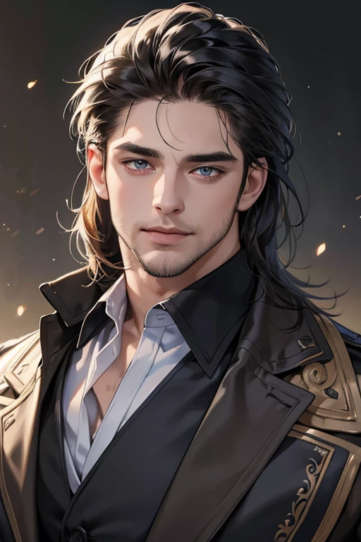 (best quality,4k,8k,highres,masterpiece:1.2),ultra-detailed,(realistic,photorealistic,photo-realistic:1.37),30 year old man,3 day beard,handsome anime,portraits,strong,masculine,dark hair,sharp jawline,mesmerizing eyes,perfectly styled hair,cool anime outfit,confident expression,vibrant colors,dynamic lighting, CEO and expression smile in love.