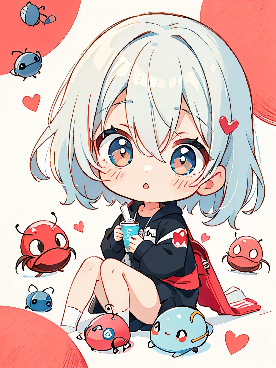 Black Star Red and White style、Kawaii Design, The most beautiful girl of all time、chibi,, Cute and colorful pillbug, The era of the heart