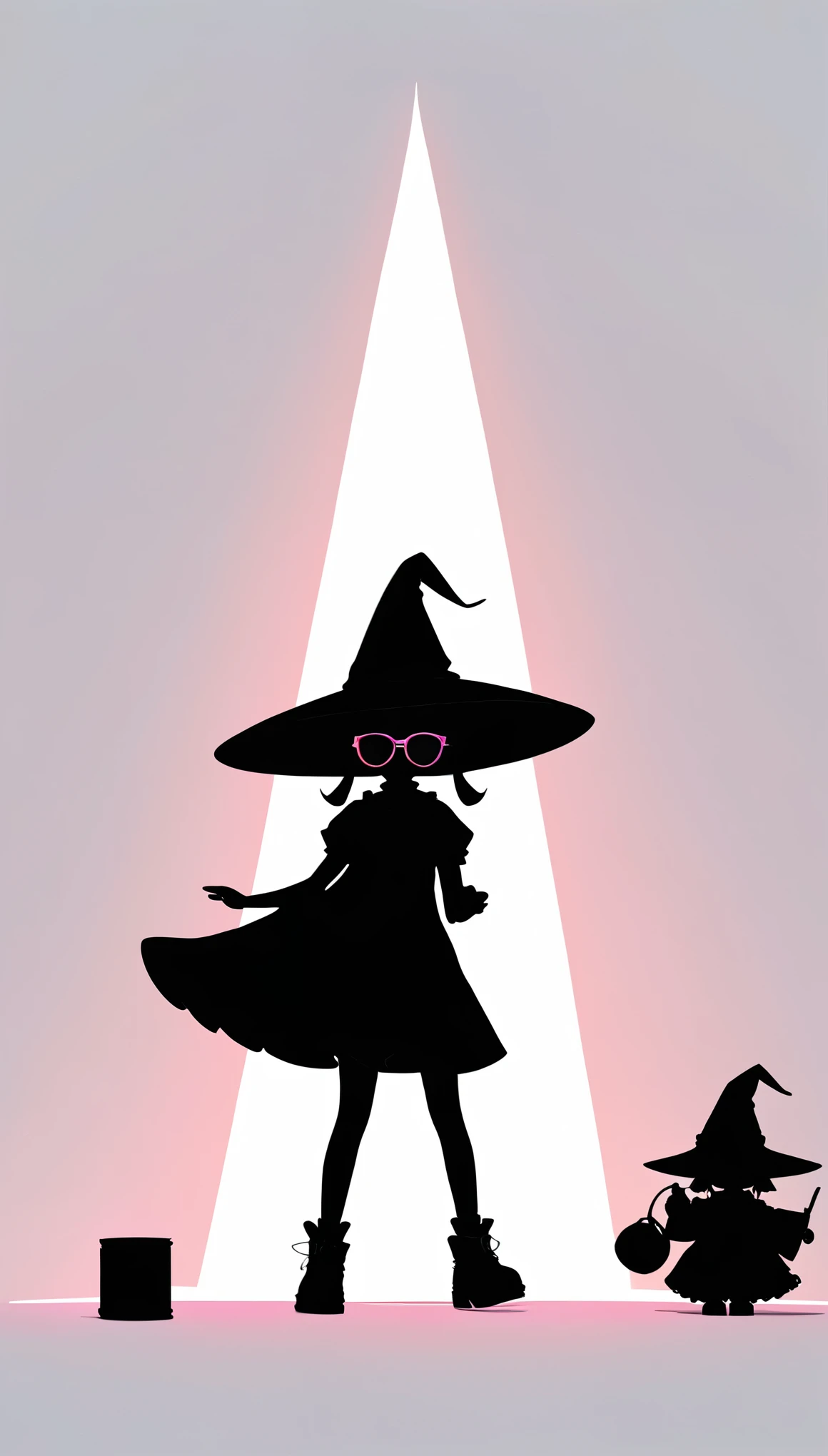 Liu Ye style,1 little girl,Lolita figure,Loose hip-hop clothing,Giant wide-brimmed wizard hat,Silhouette,Neon round sunglasses,Can't see the eyes,大面积blank,Minimalist composition,blank,White background,Chinese ink style,