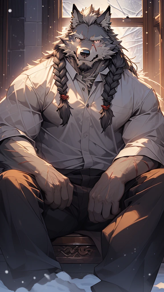 (masterpiece), (photorealistic:1.4), (1boy), (detailed face:1.2), (wolf male:1.5), (old:1.9), (aged), (retired general),(muscular build), (gray fur:1.3), (long white beard), (long white braided hair), (loose shirt), (sitting), (resting), (calm expression), (peaceful eyes), (many scars), (scar on face), (scar on body), (indoors), (cold northern region), (room), (fireplace), (fire), (window), (snow outside), (winter), (night), (dim lighting), (cinematic lighting)