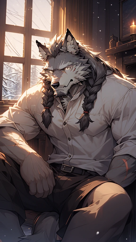 (masterpiece), (photorealistic:1.4), (1boy), (detailed face:1.2), (wolf male:1.5), (old:1.9), (aged), (retired general),(muscular build), (gray fur:1.3), (long white beard), (long white braided hair), (loose shirt), (sitting), (resting), (calm expression), (peaceful eyes), (many scars), (scar on face), (scar on body), (indoors), (cold northern region), (room), (fireplace), (fire), (window), (snow outside), (winter), (night), (dim lighting), (cinematic lighting)