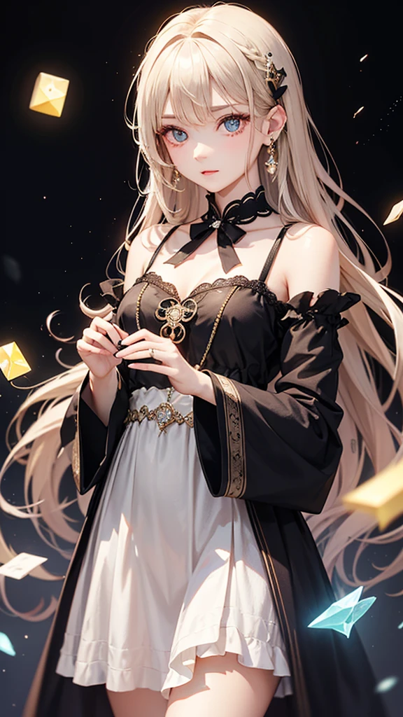One girl, Long Hair, Light Hair Color, Captivating eyes, Mysterious look, Mature Appearance, Attractive dress, loose fitting dress, Elegant Jewelry, Elaborate decoration, Magic symbols, Glowing Accessories, Portion, Scroll, Cute accent,ribbon, Magic Effects, Crystal Jade, Particles of light, Rubik's Square,