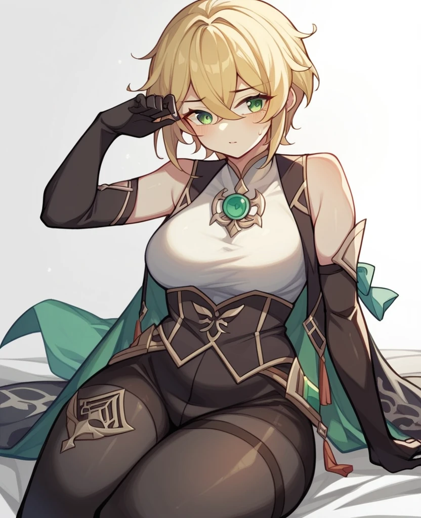 （One girl）、((short hair))、((Blonde))、[[Genshin Impact]]、((Anime Style))、(beautiful girl)、medium breasts、plump、[Big thighs]、green eyes、Princess Knight、Black Vest、black leggings、White sleeveless、((hairs between eyes))、(long gloves)、(say)、((see-through))