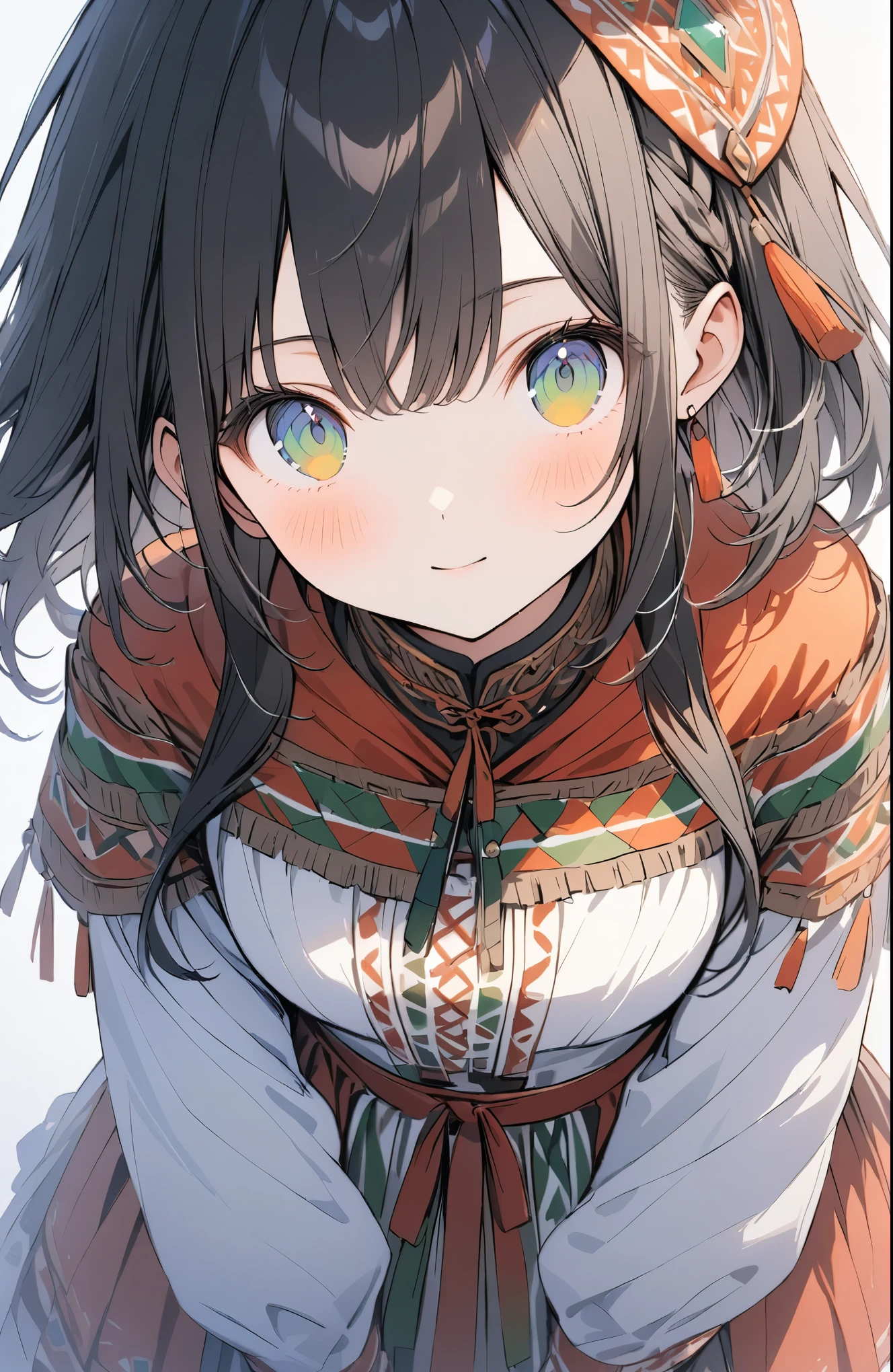 Very detailed、Very absurd、超High resolution, Attention to detail, high quality, High resolution, 最high quality, 4K, 8K,((Bulgarian national costume、Sukuman,白いスカーフを被ってる)),RWearing a scarf,High Angle,looking up,Golden Ratio,single braid,Black Hair,Emerald Eyes