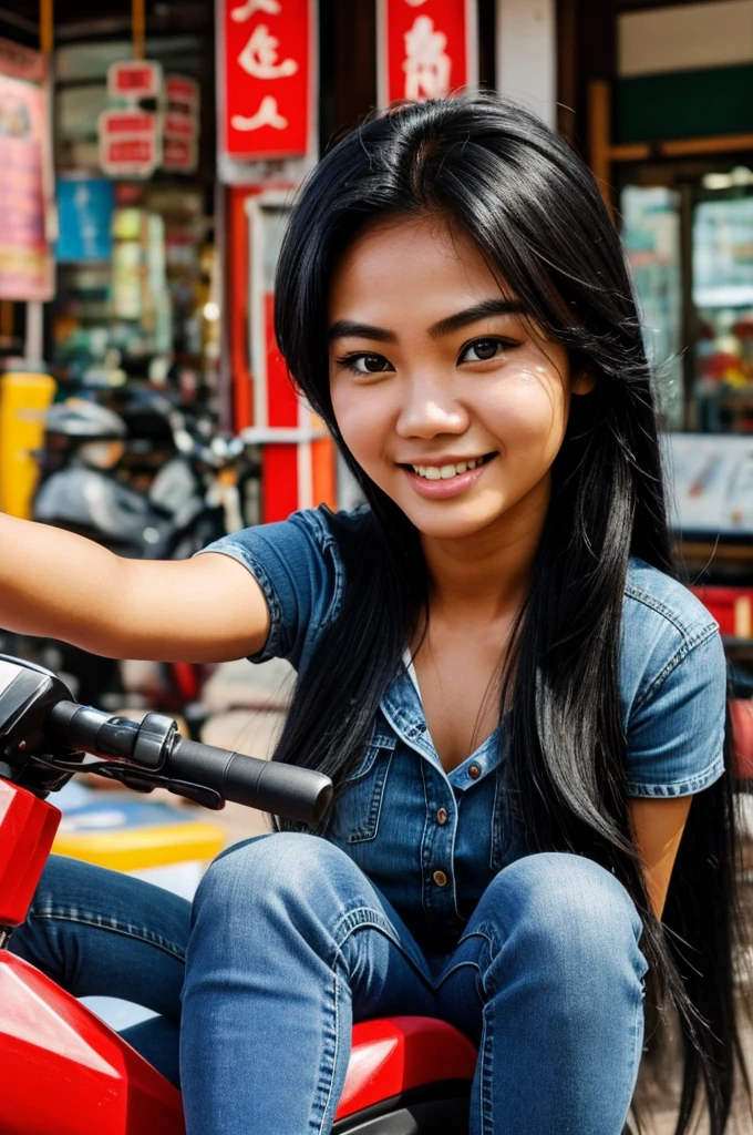 A caricature of a Thai person's face. An 18 year old Thai woman with long black hair. There is a woman wearing long jeans riding a red Pespa. urban background