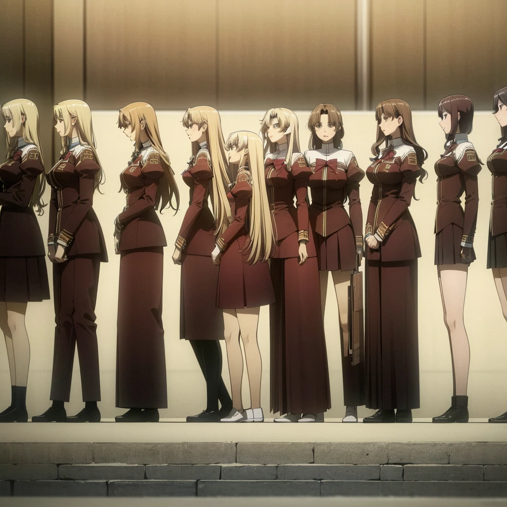 masterpiece, high quality, Multiple girls, organization, Same sisters, Blonde Hair, curls, (brown haired sisters, Blonde sisters, many sisters, Match hairstyle, different hair colors), Hazel eyes, Medium bust, ((Matching Clothing, Uniforms)), Smile, flat_color, Same height, organization pose, Back to back,