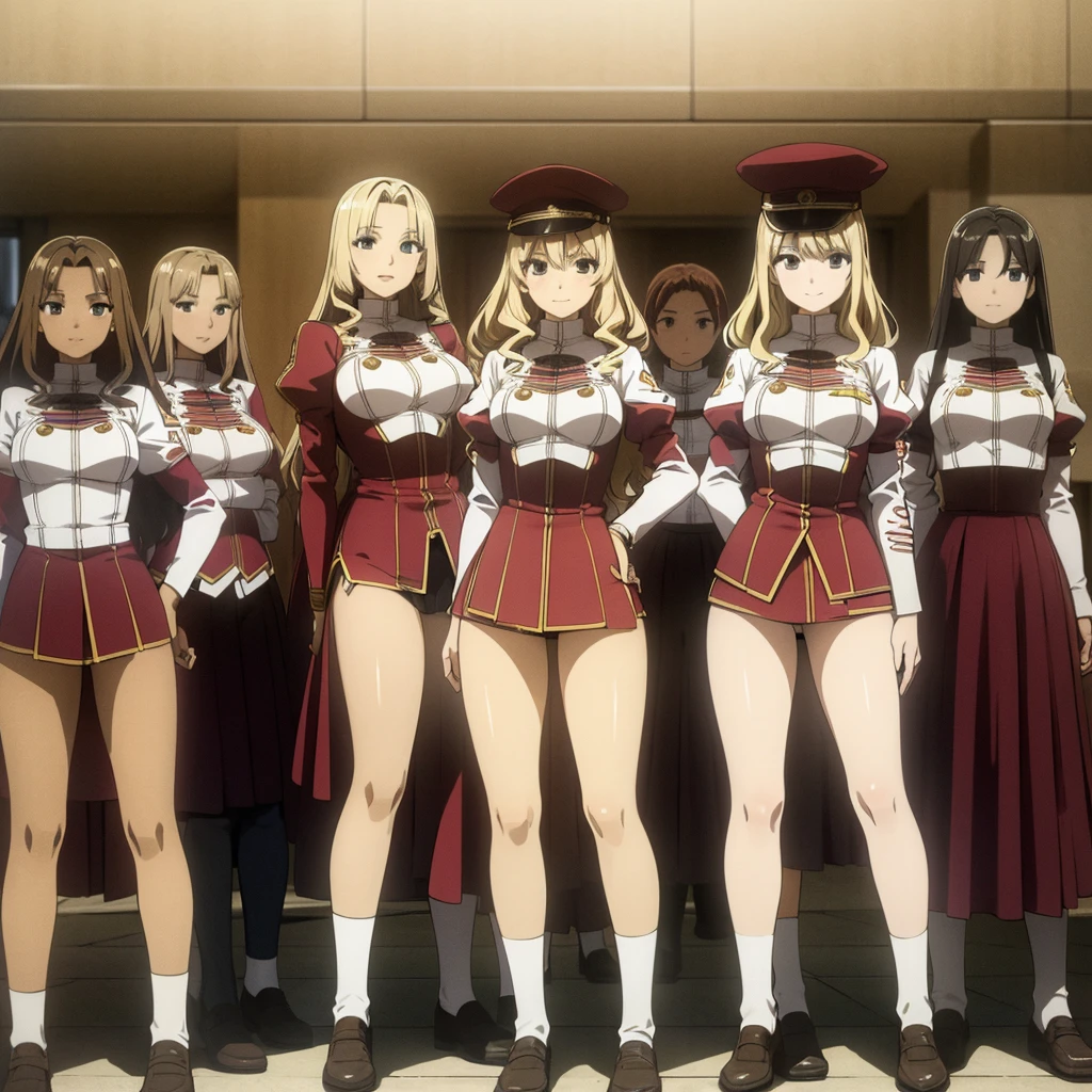 masterpiece, high quality, Multiple girls, organization, Same sisters, Blonde Hair, curls, (brown haired sisters, Blonde sisters, many sisters, Match hairstyle, different hair colors), Hazel eyes, Medium bust, ((Matching Clothing, Uniforms)), Smile, flat_color, Same height, organization pose, Back to back,