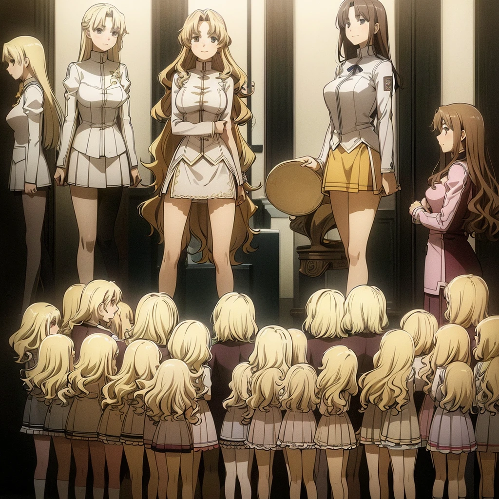 masterpiece, high quality, Multiple girls, organization, Same sisters, Blonde Hair, curls, (brown haired sisters, Blonde sisters, many sisters, Match hairstyle, different hair colors), Hazel eyes, Medium bust, ((Matching Clothing, Uniforms)), Smile, flat_color, Same height, organization pose, Back to back,