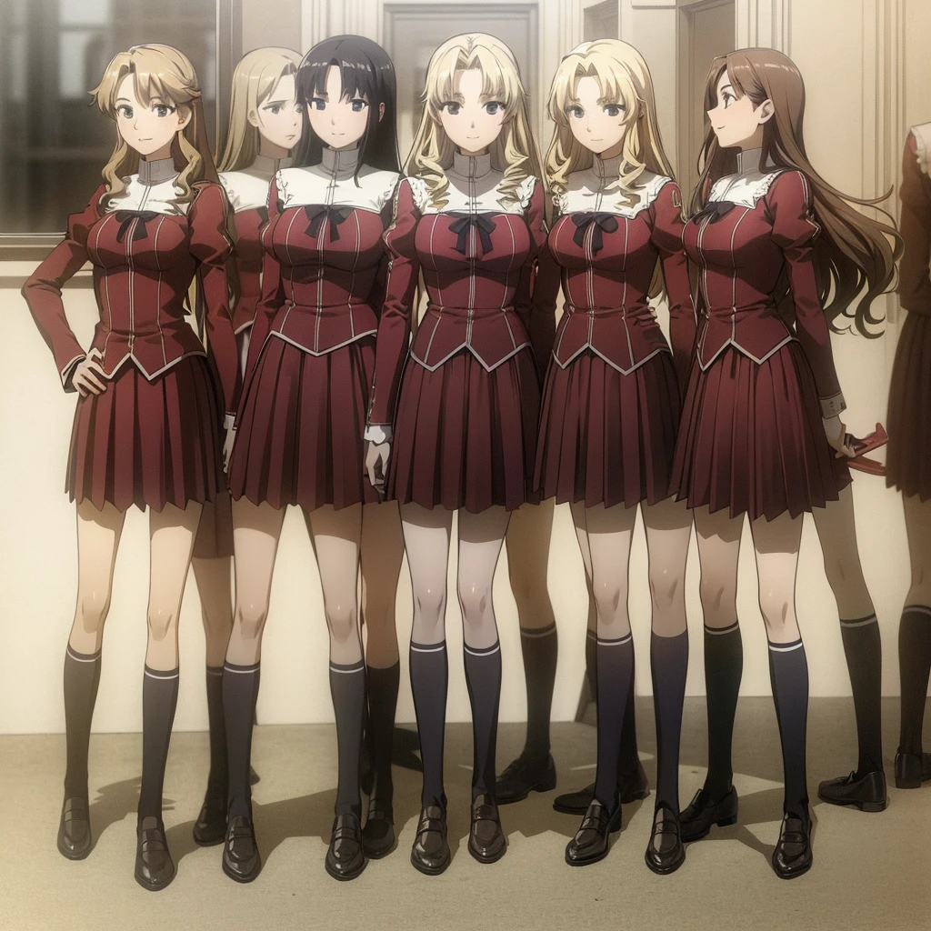 masterpiece, high quality, Multiple girls, organization, Same sisters, Blonde Hair, curls, (brown haired sisters, Blonde sisters, many sisters, Match hairstyle, different hair colors), Hazel eyes, Medium bust, ((Matching Clothing, Uniforms)), Smile, flat_color, Same height, organization pose, Back to back,