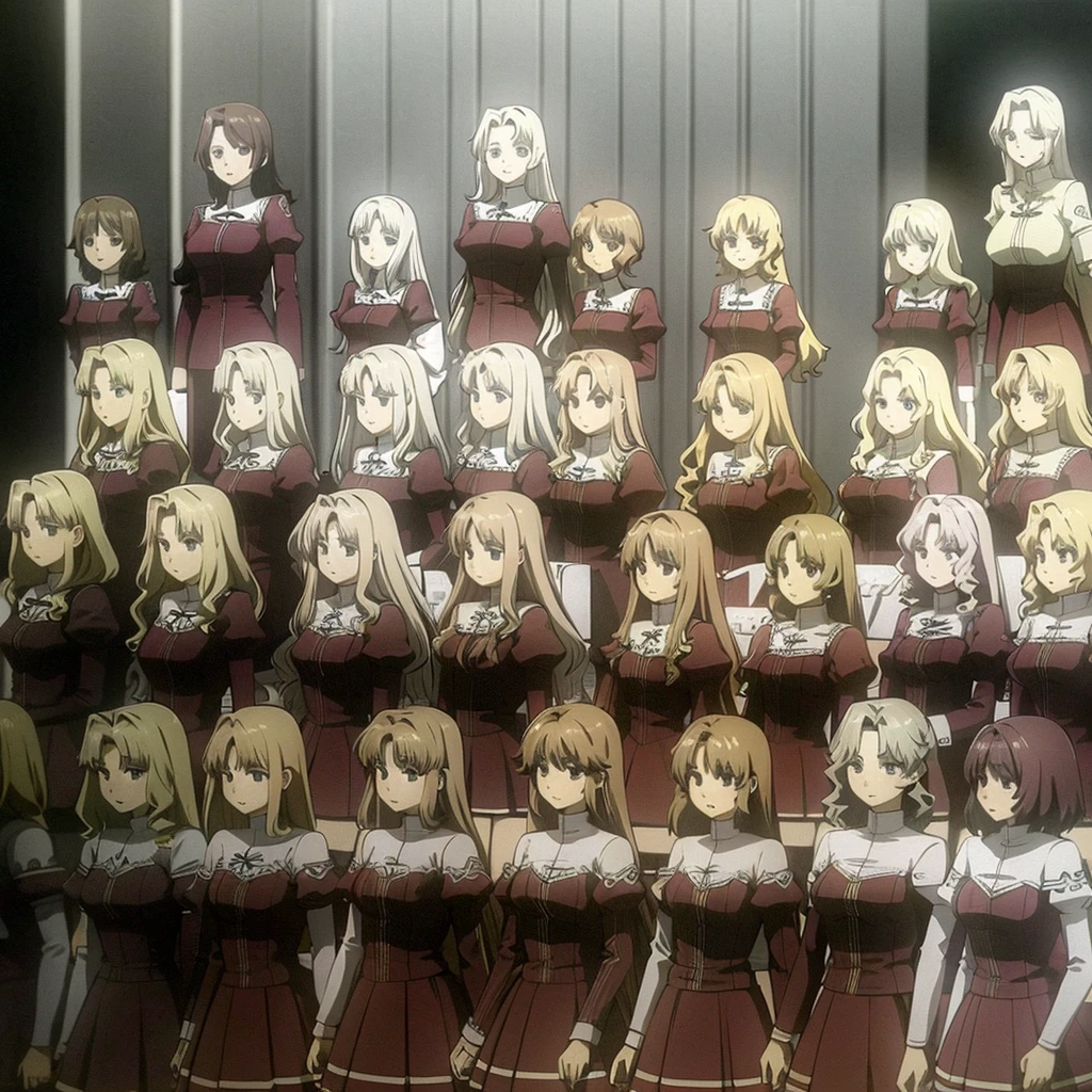 masterpiece, high quality, Multiple girls, organization, Same sisters, Blonde Hair, curls, (brown haired sisters, Blonde sisters, many sisters, Match hairstyle, different hair colors), Hazel eyes, Medium bust, ((Matching Clothing, Uniforms)), Smile, flat_color, Same height, organization pose, Back to back,