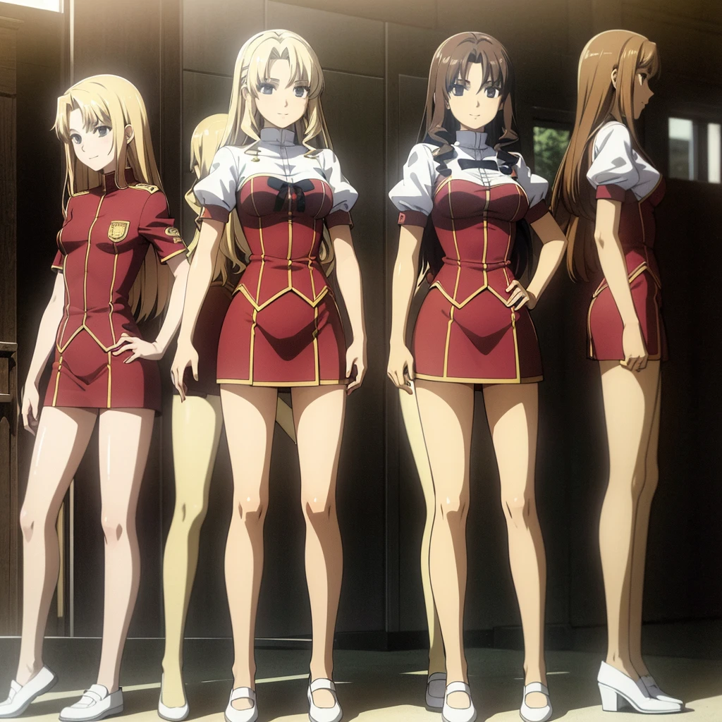 masterpiece, high quality, Multiple girls, organization, Same sisters, Blonde Hair, curls, (brown haired sisters, Blonde sisters, many sisters, Match hairstyle, different hair colors), Hazel eyes, Medium bust, ((Matching Clothing, Uniforms)), Smile, flat_color, Same height, organization pose, Back to back,