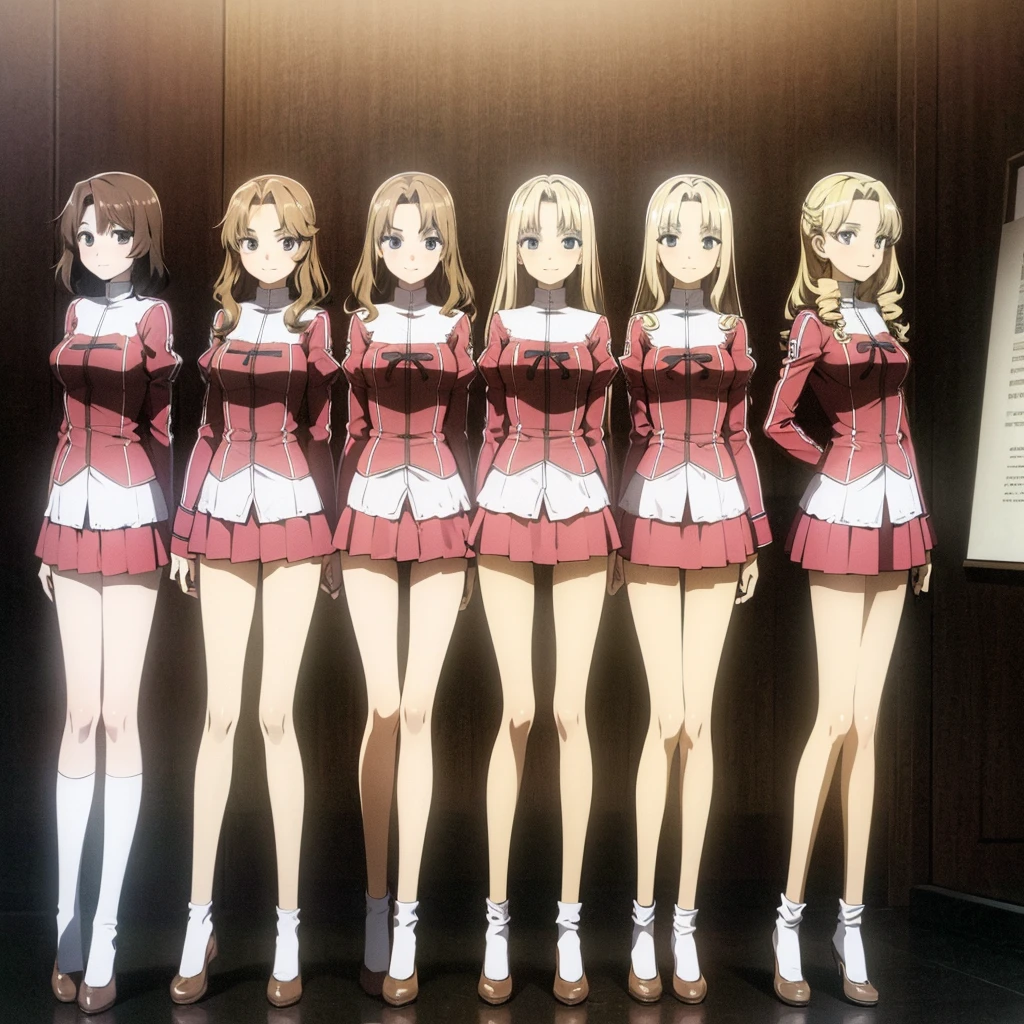 masterpiece, high quality, Multiple girls, organization, Same sisters, Blonde Hair, curls, (brown haired sisters, Blonde sisters, many sisters, Match hairstyle, different hair colors), Hazel eyes, Medium bust, ((Matching Clothing, Uniforms)), Smile, flat_color, Same height, organization pose, Back to back,