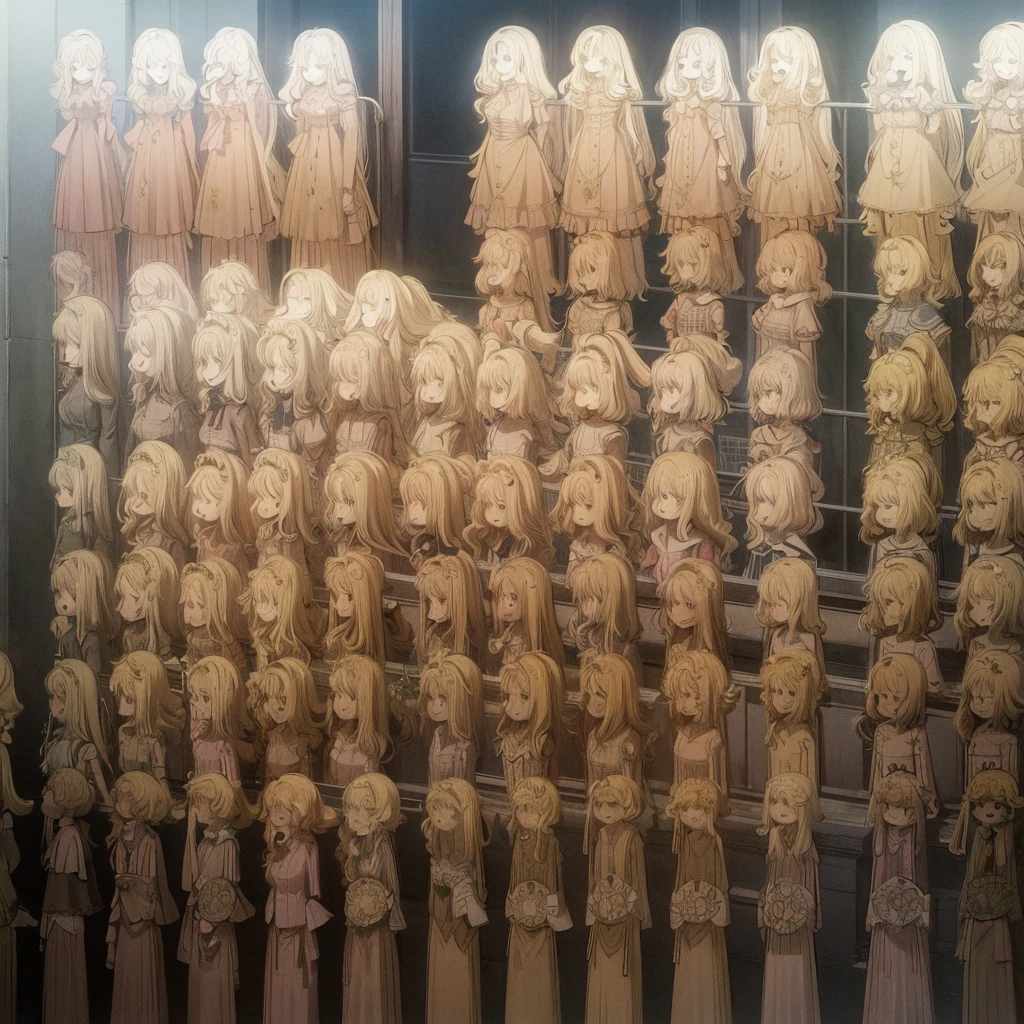 masterpiece, high quality, Multiple girls, organization, Same sisters, Blonde Hair, curls, (brown haired sisters, Blonde sisters, many sisters, Match hairstyle, different hair colors), Hazel eyes, Medium bust, ((Matching Clothing, Uniforms)), Smile, flat_color, Same height, organization pose, Back to back,