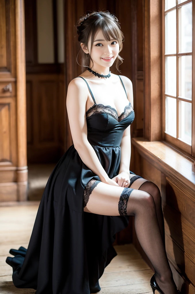 Pure Japanese maid girl, wearing traditional dark color French maid dress and accessories, garter stockings, high heels, vivid makeup, arranged hair styles, sweet smile, sitting and relaxed mood, near by windows in antique gothic style room, sweet temptation, sexual attractive, professional portrait photography,