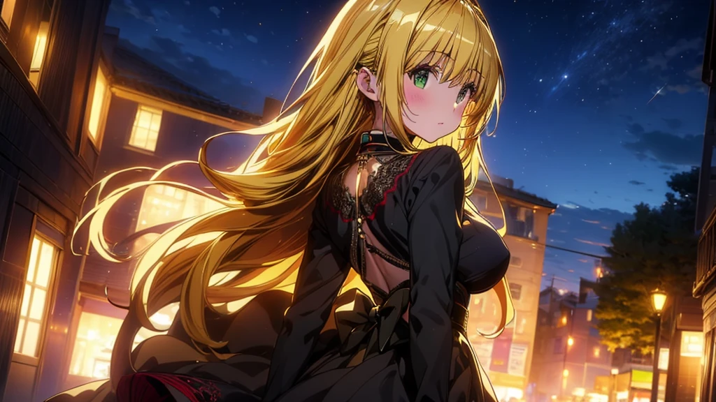Tearju Lunatique exudes confidence against the opulent backdrop of a gala ballroom party. Golden blonde hair cascades down her back like a waterfall, framing her statuesque figure in a stunning red ballgown with intricate black lace embellishments, (red lace dress), (elegant ballgown), accentuating her silhouette curvilinear (B96-W56-H90). Her soft lighting casts a warm glow on her bold lips and defined brows, while her piercing emerald green eyes shine with determination. Her slender physique and wide hips draw attention to her captivating beauty as she stands tall among the guests, the soft rustle of her dress and the shine of her jewelry subtly drawing attention to her. her real presence.